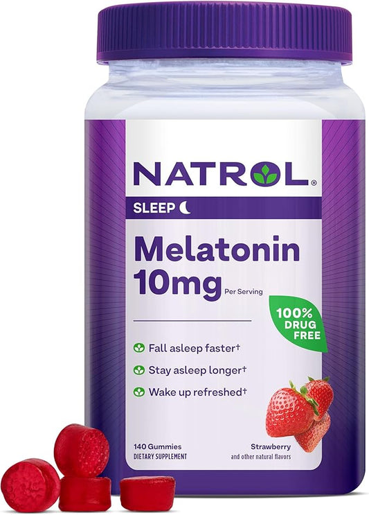 Natrol Melatonin Gummies, Sleep Support for Adults, Melatonin 10 mg, 140 Strawberry-Flavored, Up to 70 Days